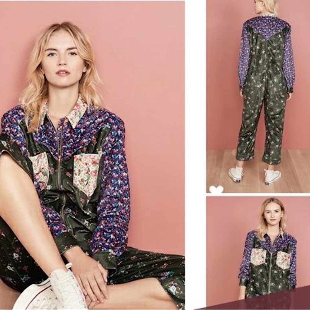 FARM RIO VELOUR VELVET COLOR BLOCK FLORAL JUMPSUIT XL